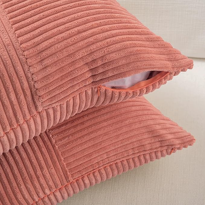Fancy Homi 2 Packs Coral Lumbar Decorative Throw Pillow Covers 14x22 Inch for Living Room Couch, Rustic Farmhouse Boho Home Decor, Soft Striped Corduroy Rectangle Accent Peach Cushion Case 35x55 cm