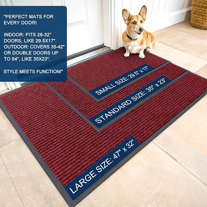 OLANLY Front Door Mat Indoor Outdoor Entrance, 2-Pack 33 x 21 Inch, Waterproof Heavy Duty Doormat, Fade Resistant, Low Profile, Easy Clean Patio Porch Welcome Floor Mats for Entry, Wine Red