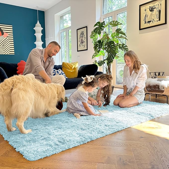OLANLY 5x7 Machine Washable Large Area Rugs for Living Room, Bedroom, Soft Fluffy Shaggy Bedside Rug, Indoor Floor Carpet for Kids Girls and Boys, Dorms, Nursery, Home Decor Aesthetic, Light Bluey