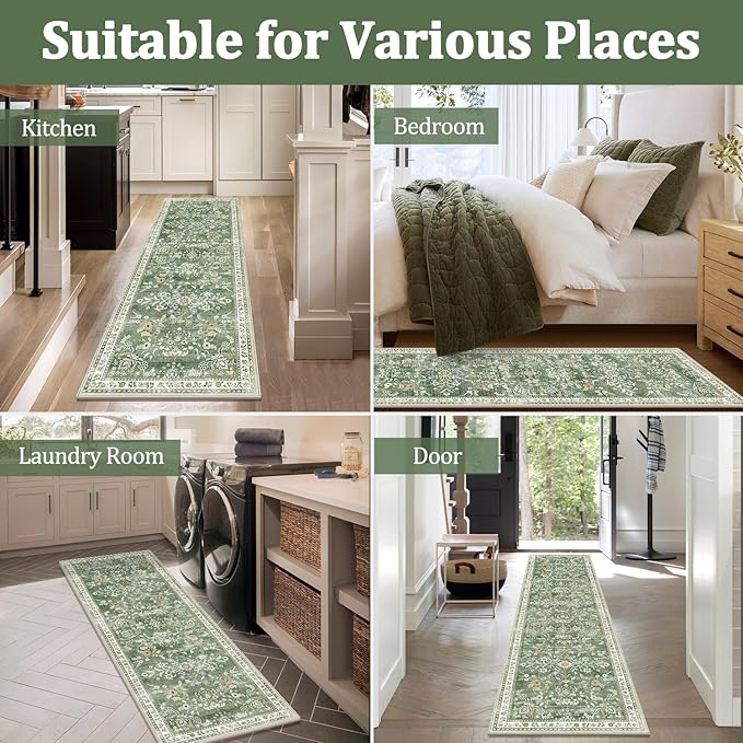 Yamaziot Washable Runner Rug 2x12 – Floral Non Slip Boho Hallway Runner Rug with Rubber Backing, Low Pile Faux Wool Distressed Carpet for Kitchen, Laundry, Bedroom, Entrance, Green