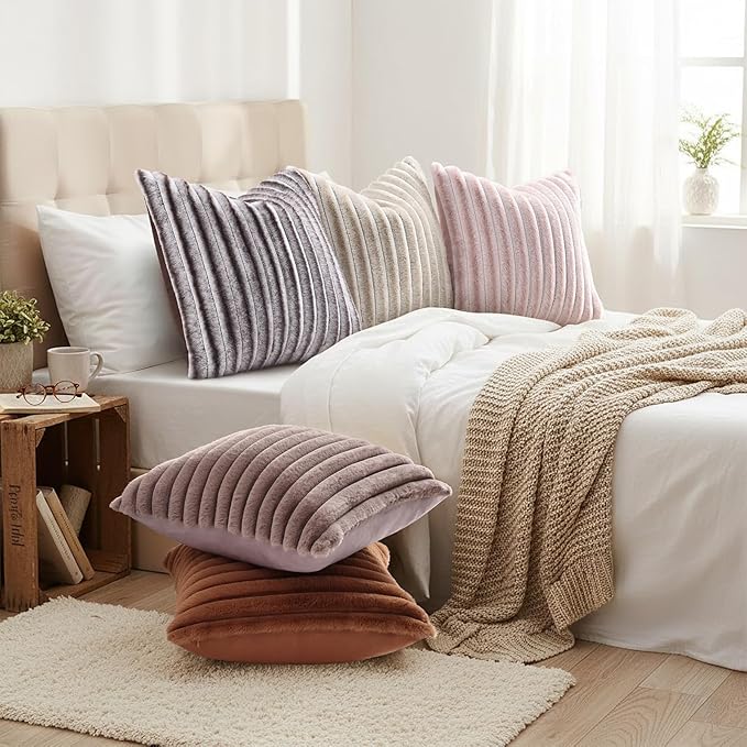 decorUhome Cozy Faux Fur Throw Pillow Covers 22x22 Set of 2 Decorative Soft Plush Striped Modern Farmhouse Boho Couch Euro Sham Pillow Cases with Velvet Back for Sofa Bed Living Roomr, Brown