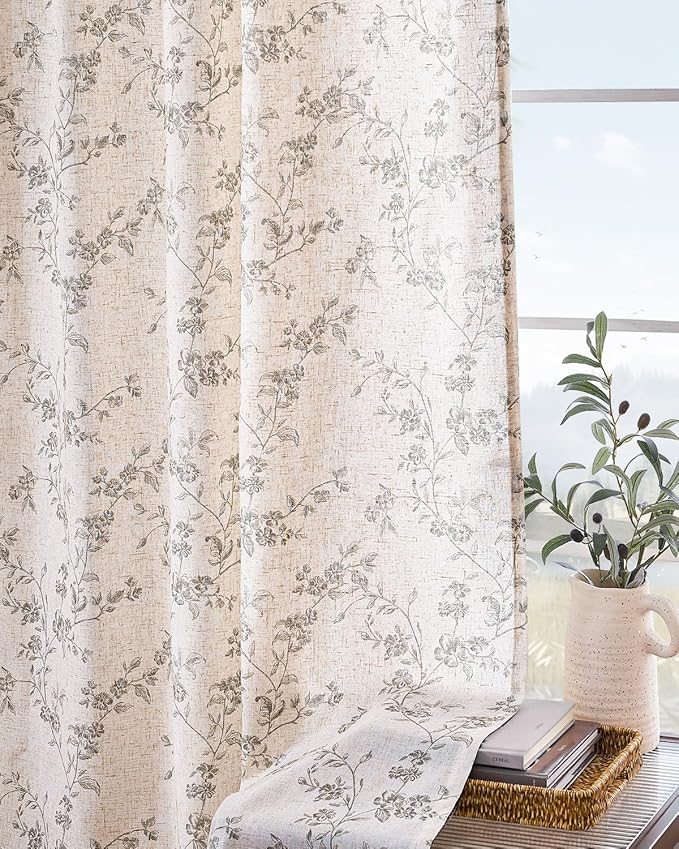 Lazzzy Grey Floral Linen Curtains 90 Inch Farmhouse Back Tab Drapes for Living Room Bedroom Light Filtering Vintage Grandmillennial Rod Pocket Curtains, 2 Panels, W38 x L90, Grey on Beige