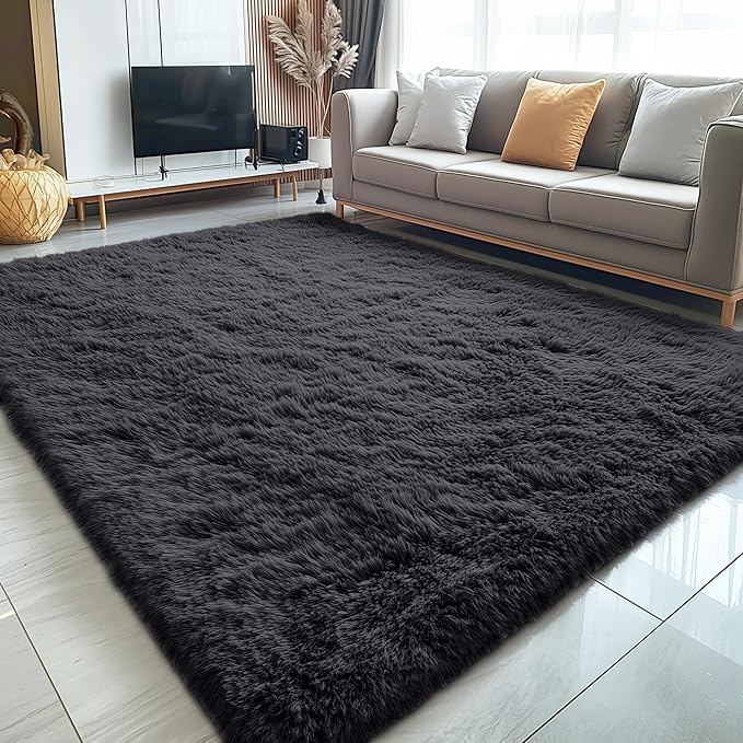OLANLY 5x9 Machine Washable Large Area Rugs for Living Room, Bedroom, Soft Fluffy Shaggy Bedside Rug, Indoor Floor Carpet for Kids Girls and Boys, Dorms, Nursery, Home Decor Aesthetic, Black