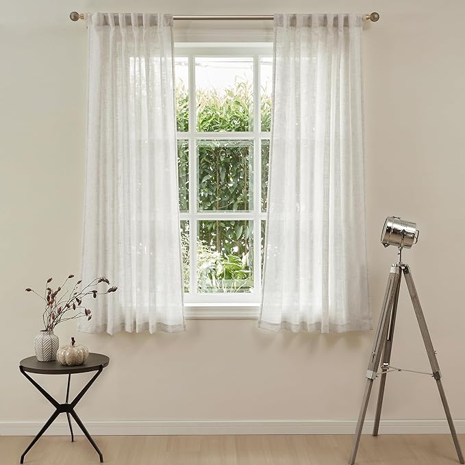 MYSKY HOME Kitchen Window Curtains Half Sheer Drapes 45 Inches Long, Boho Farmhouse Style Linen Polyester Blend Fabric, Decorative Texture for Bathroom/Closet/Cafe, 50" x 45", Linen, 2 Pieces