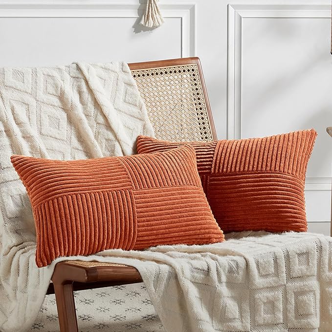 Fancy Homi Set of 2 Burnt Orange Lumbar Decorative Throw Pillow Covers 16x32 Inch for Living Room Couch Bed, Boho Farmhouse Fall Home Decor, Soft Corduroy Corss Patchwork Cushion Case 40x80 cm