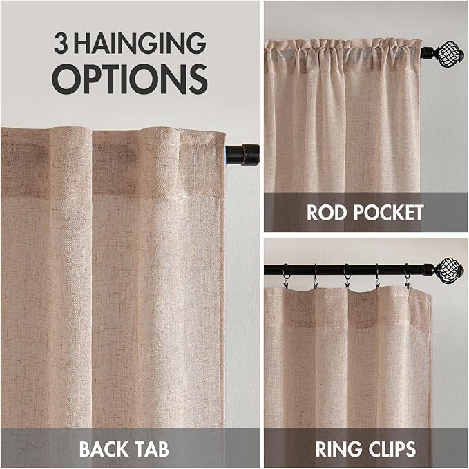 MIULEE Natural Beige Linen Curtains 54 Inch Length 2 Panels for Bedroom Living Room, Soft Linen Textured Window Drapes Semi Sheer Light Filtering Back Tab Rod Pocket Farmhouse Burlap Look Decor