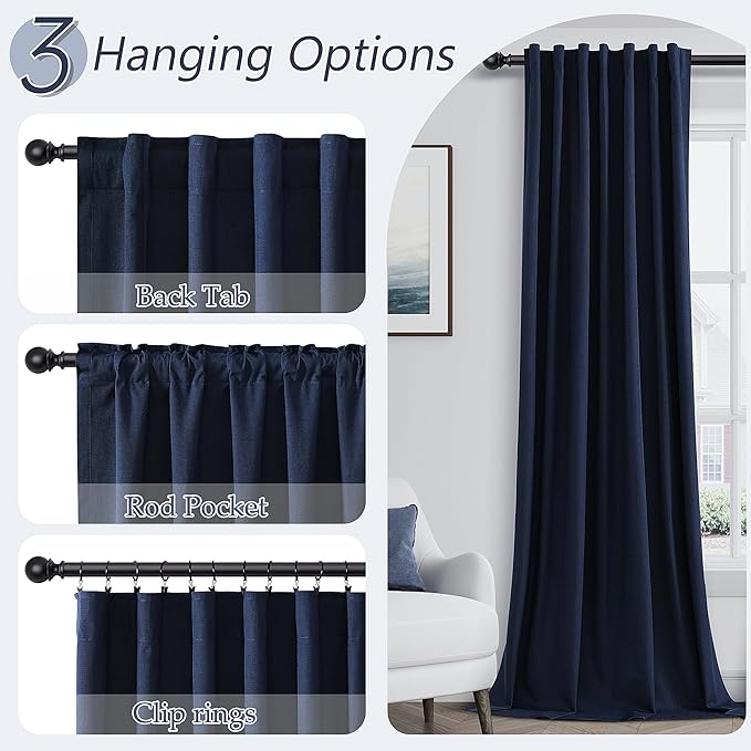 Guken Navy Blue 100% Blackout Curtains 108 Inch Length 2 Panels Set for Living Room Bedroom Back Tab Thermal Insulated Black Out Linen Drapes Room Darkening Window Curtains 108 Inches Long