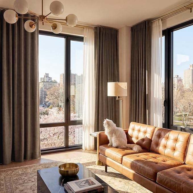 RYB HOME 100% Blackout Linen Textured Curtains 84 inches Long, Thermal Insulating Privacy Energy Saving for Bedroom Living Room Window Office Theater Dining Nursery, W 52 x L 84 in, Coffee, 2 Panels