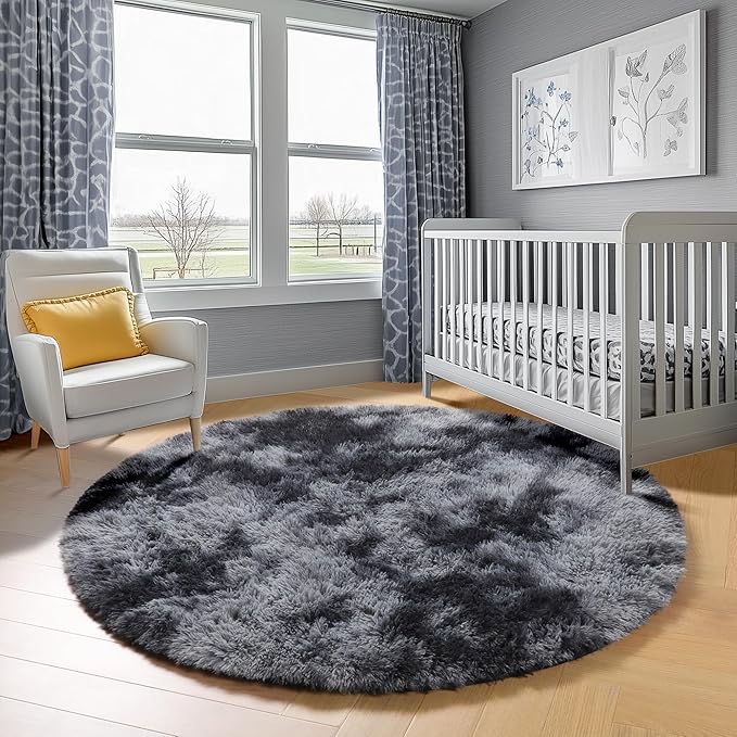 ONASAR Round Rugs 6ft for Living Room Bedroom, Tie-Dyed Dark Grey Fluffy Circle Area Rug for Kids Girls Boys Teen, Soft Plush Shaggy Carpet for Nursery Dorm Classroom Playroom Home Decor Aesthetic