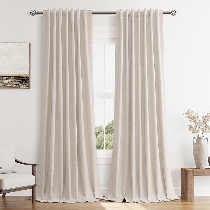 Guken 100% Blackout Curtains 120 Inch Length 2 Panels Set for Living Room Bedroom Back Tab Thermal Insulated Black Out Linen Drapes Room Darkening Window Curtains 120 Inches Long, Sand Beige