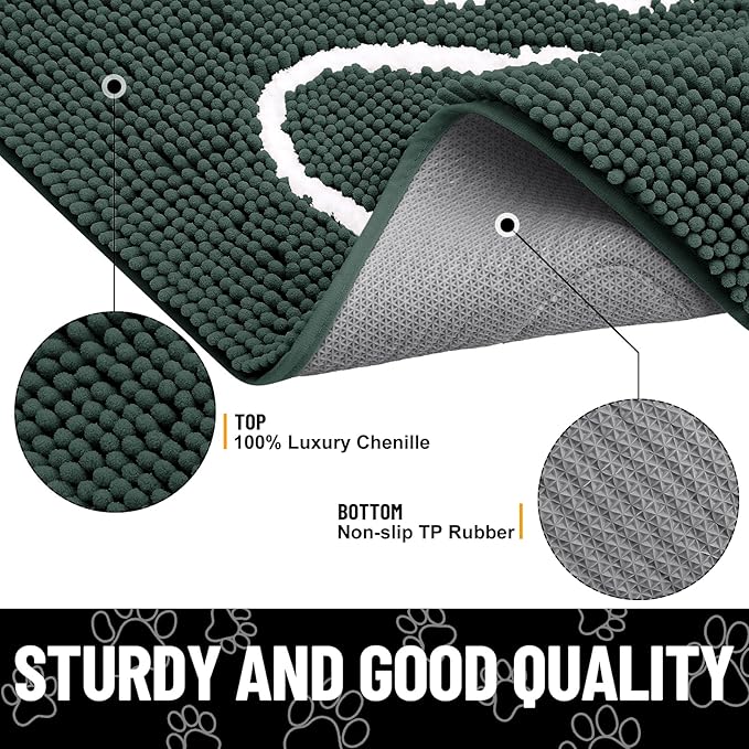 Smiry Dog Door Mat for Muddy Paws, Absorbent Dirt Trapper Non Slip Quick Dry Washable Chenille Mat for Mud Dogs, Entry Rug for Indoor and Outdoor (30x20 Inches, Green and White)