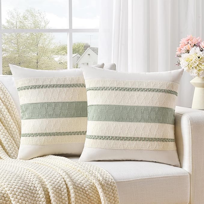 Fancy Homi Set of 1 Sage Green Boho Decorative Throw Pillow Covers 18x18 Inch for Living Room Bedroom Couch Bed Sofa Chair, Rustic Retro Cushion Case 45x45 cm, Bohemian Room Home Decor