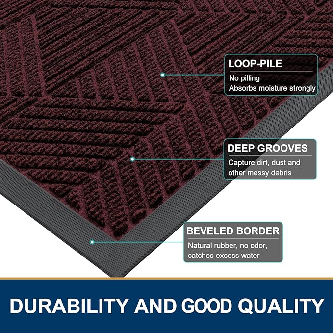 Smiry Front Door Mat Outside Entrance, Heavy Duty Sturdy Natural Rubber Doormat, Trap Dirt and Moisture, Easy Clean Low Profile Welcome Floor Mats for Indoor Outdoor Entry, 35X23 Inch, Dark Red