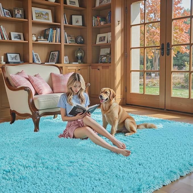Area Rugs 9x12 Living Room, Shaggy Carpet Soft Plush Furry Bedside Rug Large Area Rugs for Bedroom Kids Girls Boys Home Decor Anti Slip(9 x 12, Teal Blue)