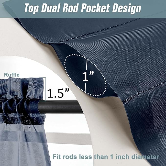Navy Blue Sheer Curtains Tier 30 Inches Length 2 Panels, Light Filtering Lightweight Soft Window Treatments Drapes, Cute Elegant Cafe Curtains for Nursery, Dual Rod Pocket, 2x42Wx30L Inches