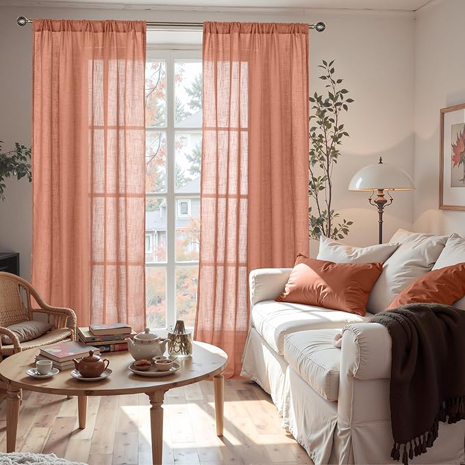 BGment Terracotta Linen Curtains 90 Inch Length for Living Room, Semi Sheer Long Window Drapes Rustic Textured for Farmhouse Beroom Dining Decor Rod Pocket Lightweight, 2 Panels Set, Each 52 Inch Wide