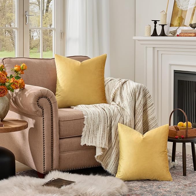 GIGIZAZA Decorative Throw Pillow Covers 16x16,Set of 2 Yellow Square Couch Pillow Covers,Velvet Sofa Boho Cushion Pillows