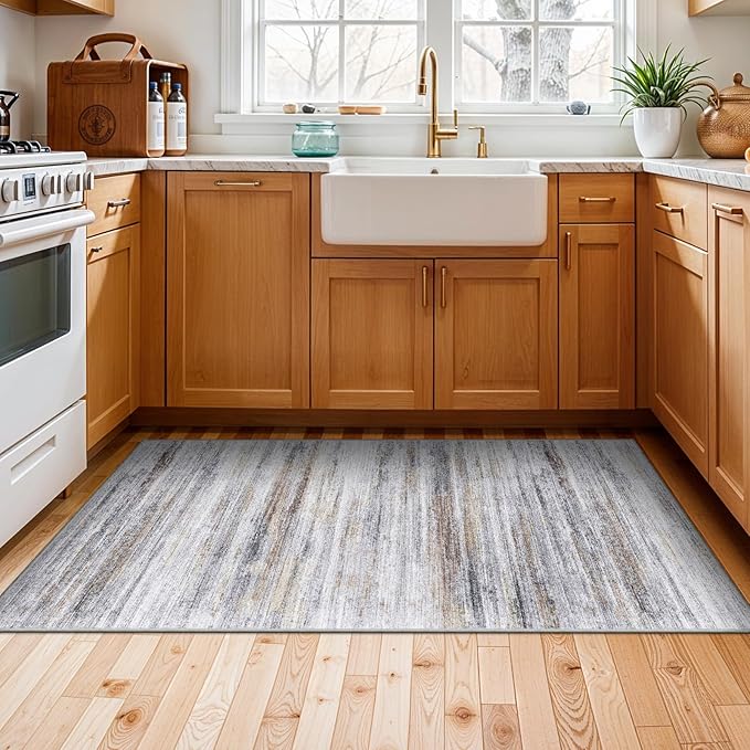 2x4 Washable Entryway Runner Rugs: Easy-to-Clean Runners for Hallway Bedroom - Stain and Water Resistant Rug with Non-Slip Backing - Soft Low-Pile Door Mat Kitchen Carpet Beige Grey