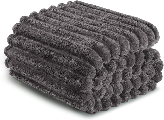 Exclusivo Mezcla King Size Flannel Fleece Blanket, Super Soft Striped Jacquard Bed Blanket, Lightweight Fuzzy Cozy for All Seasons, 90x104 Inches, Dark Grey