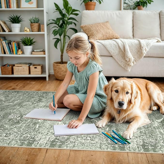 2'6"x8' Washable Hallway Runner Rug - Non Slip Kitchen Runner Rugs with Rubber Backing Vintage Low-Pile Carpet Runners for Entryway Dining Room Laundry Room Home Decor (Muted Sage Green)