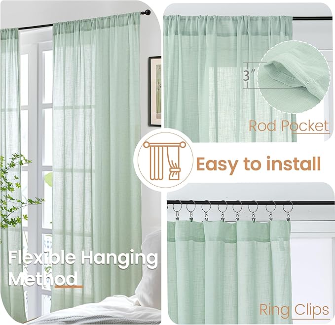 BGment Sage Green Linen Curtains 36 Inch Length for Kitchen Window - Small Drapes Light Filtering for Cafe Bathroom Decorative Lightweight Natural Rustic Rod Pocket, 2 Panels Set, 42 X 36 Inch