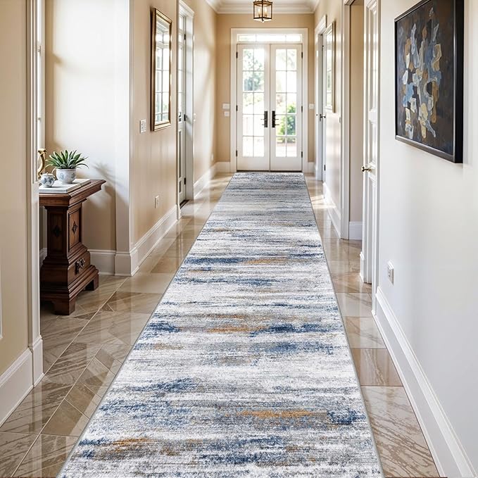 3x18 Washable Hallway Runner Rug: Extra Long Runners for Entryway Living Room Dining Room - Stain and Water Resistant Rugs with Non-Slip Backing - Soft Low-Pile Carpet 18ft Navy Grey