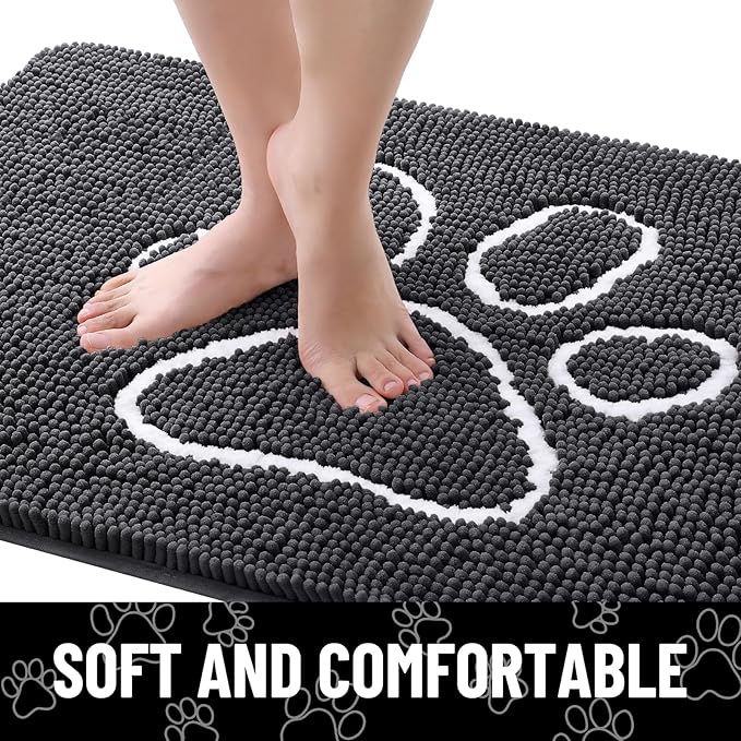 Smiry Dog Door Mat for Muddy Paws, Absorbent Dirt Trapper Non Slip Quick Dry Washable Chenille Mat for Mud Dogs, Entry Rug for Indoor and Outdoor (59x32 Inches, Dark Grey and White)