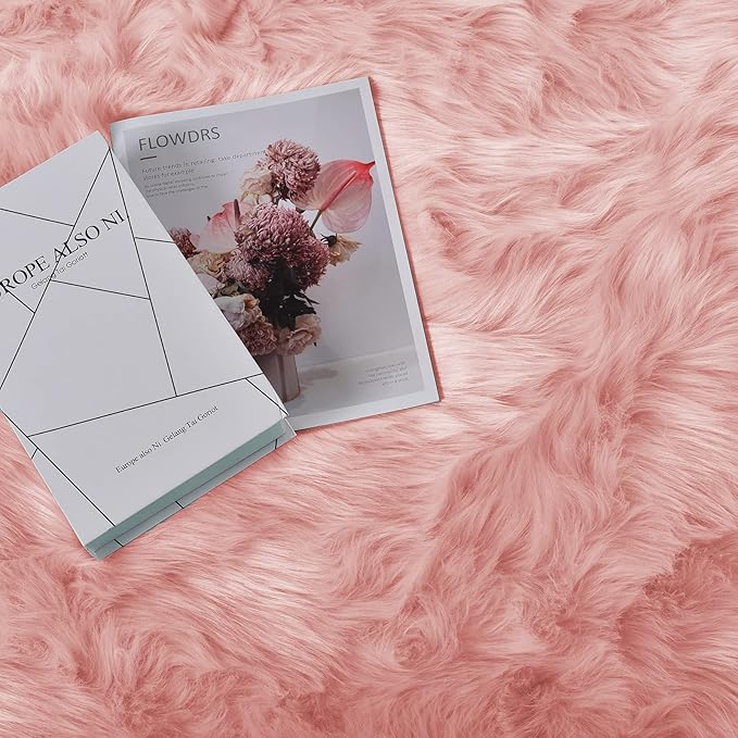 Goolela Pink Fluffy Rug 4x6 Fuzzy Faux Fur Shag Sheepskin Shaggy Rug for Bedroom Living Room Washable Rectangle