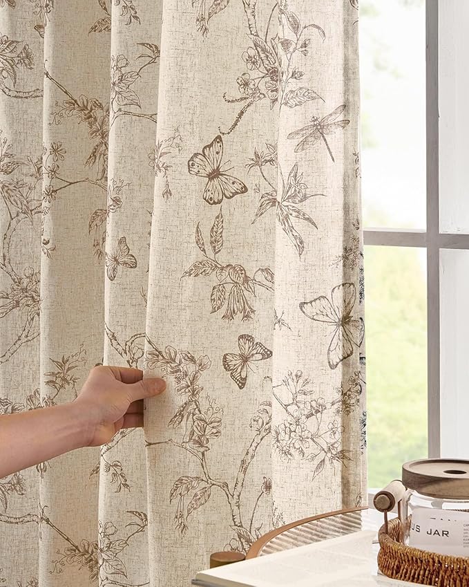 jinchan Floral Linen Curtains for Living Room 96 Inch Length Butterfly Curtain Taupe Floral Curtains French Country Farmhouse Curtain Flower Patterned Drapes Window Treatment Set 2 Panels