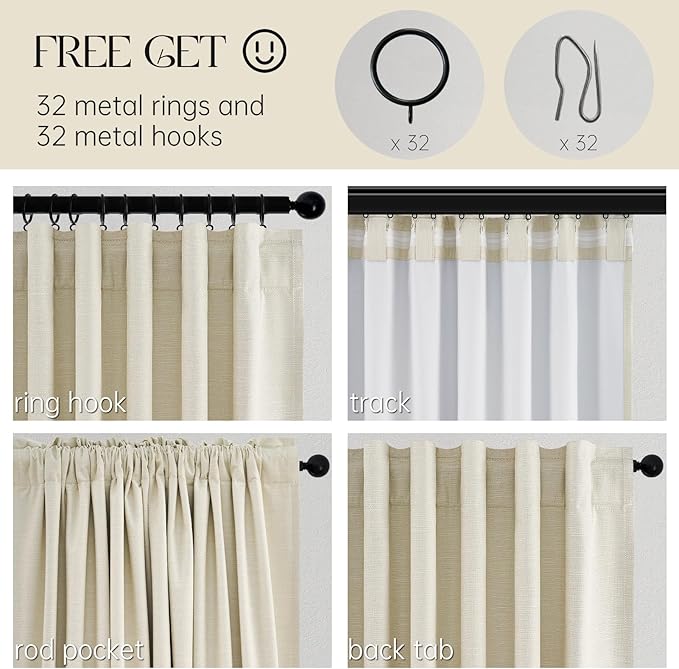 Topfinel 90 Inches Long Full Blackout Cream Linen Curtains for Bedroom, Light Blocking Ivory Pleated Thermal Cute Curtains, Decorative Elegant Lined Nursery Drapes 2 Panels Set for Sliding Door Winter