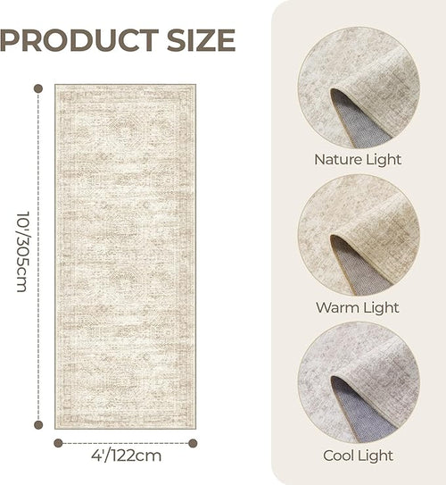 4x10 Runner Rug, Washable Hallway Runner Rug with Non-Slip Backing, Low Pile Wide Runner for Living Room, Entryway, Kitchen, Soft Modern Home Decor Mat for Dining Room(4'x10', Beige/Ivory)