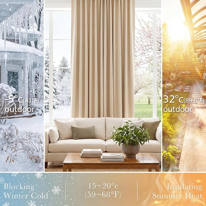 PONY DANCE Window Curtains Drapes - Energy Saving Back Tab/Rod Pocket Room Darkening Thermal Curtain Draperies Heavy-Duty for Kitchen, 52 by 54 inch, Biscotti Beige, Double Panels