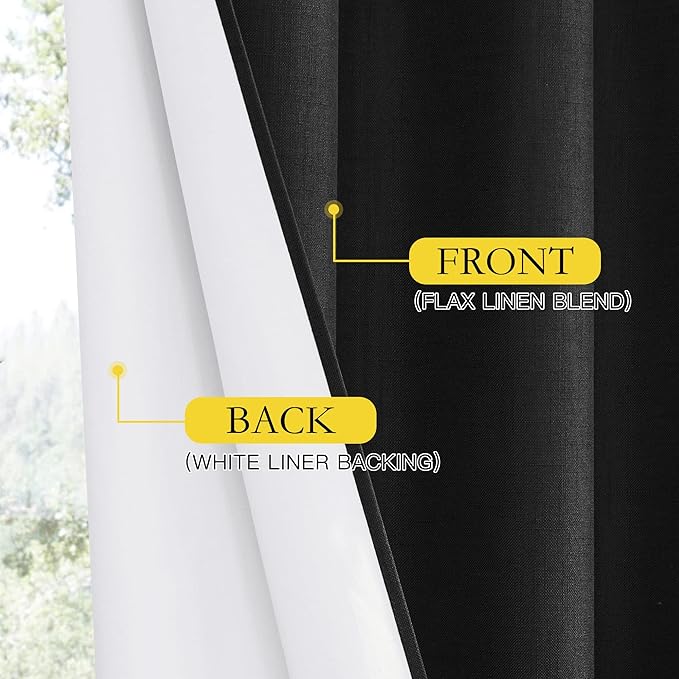 NICETOWN Black Out Linen Curtains, Complete Blackout Shades for Large Window Door, 100% Blackout Window Curtain Panels with White Lined, 62 inches Width Each Panel, 108 inches Length, 2 Pieces