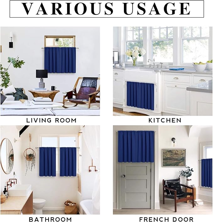 RYB HOME Short Blackout Curtains for Bedroom, Room Darkening Insulated Summer Heat Light UV Blocking Energy Saving Drapes for Nursery, Width 34 by Length 48, Marine Blue, Set of 2