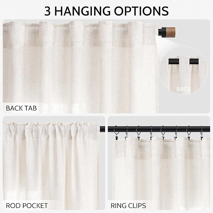 Semi Sheer Linen Curtains 120 Inches for Living Room Sets Back Tab Flax Textured Natural Ivory White Extra Long Curtain Privacy Chic Light Filtering High Window Drapes Bedroom 52X120,2 Panel