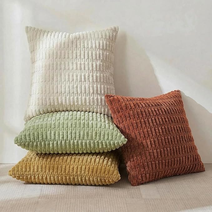 Fancy Homi 4 Packs Boho Fall Small Decorative Throw Pillow Covers 12x12 Inch for Living Room Couch Bed, Modern Farmhouse Home Decor, Soft Plush Striped Corduroy Square Colorful Cushion Case 30x30 cm