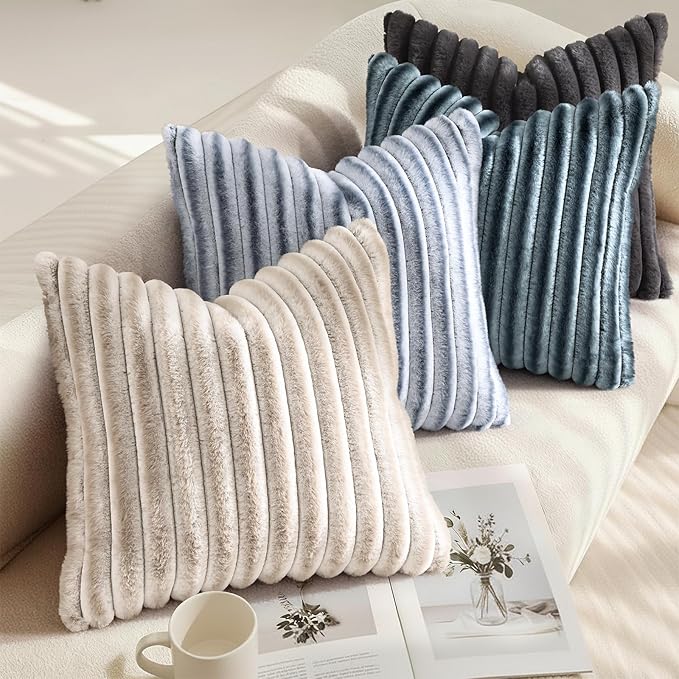 decorUhome Cozy Faux Fur Throw Pillow Covers 26x26 Set of 2 Decorative Soft Plush Striped Modern Farmhouse Boho Couch Euro Sham Pillow Cases with Velvet Back for Sofa Bed Living Room, Blue Grey