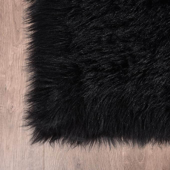 Goolela Black Fluffy Runner Rug 2x6 for Bedroom Faux Sheepksin Fur Fuzzy Furry Bedside Rug Shaggy Plush Soft Sheepskin