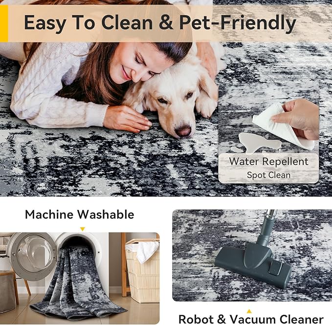 Washable Area Rugs 8'x10' Non-Slip Modern Abstract Soft for Living Room Entryway Bedroom Nursery, Print Pattern, Black Navy Blue Gray
