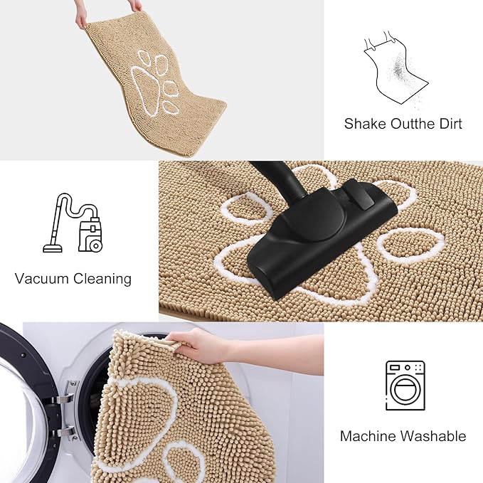 Smiry Dog Door Mat for Muddy Paws, Absorbent Dirt Trapper Non Slip Quick Dry Washable Chenille Mat for Mud Dogs, Entry Rug for Indoor and Outdoor (54x24 Inches, Beige and White)