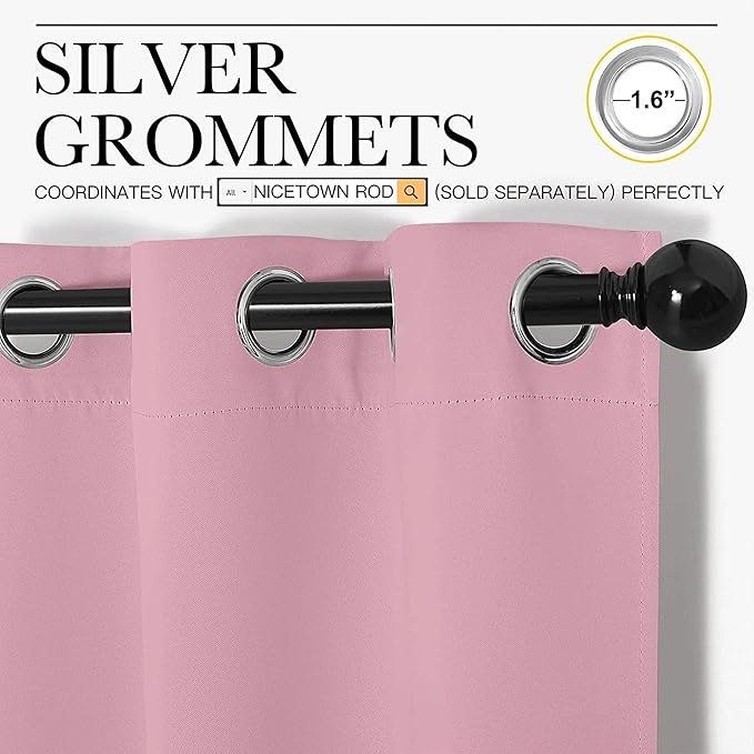 NICETOWN Bedroom Curtains Blackout Drapery Panels, 2 Panels, 70 x 72 inches, Rouge Pink, Three Pass Microfiber Thermal Insulated Solid Ring Top Blackout Window Curtains/Drapes