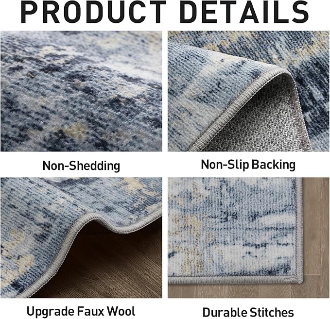 6x9 Area Rugs Washable Rug: Large Modern Abstract Living Room Rug Soft Anti-Skid Thin Carpet Indoor Floor Non-Shedding Carpets for Bedroom Dining Room Farmhouse Nursery Home Office Blue Gold