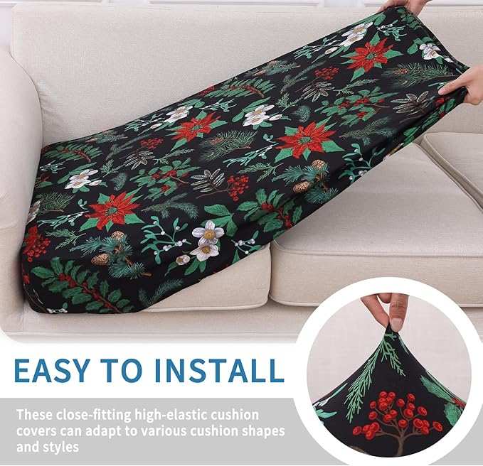 hyha Printed Couch Cushion Covers, Floral Sofa Covers Washable for 3 Cushion Couch, Stretch Pattern Outdoor Cushion Covers for Patio Furniture with Elastic Bottom(Large, Christmas Botanical)