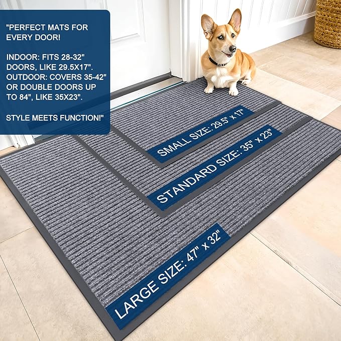 OLANLY Front Door Mat Indoor Outdoor Entrance, 2-Pack 47 x 32 Inch, Waterproof Heavy Duty Doormat, Fade Resistant, Low Profile, Easy Clean Patio Porch Welcome Floor Mats for Entry, Light Gray