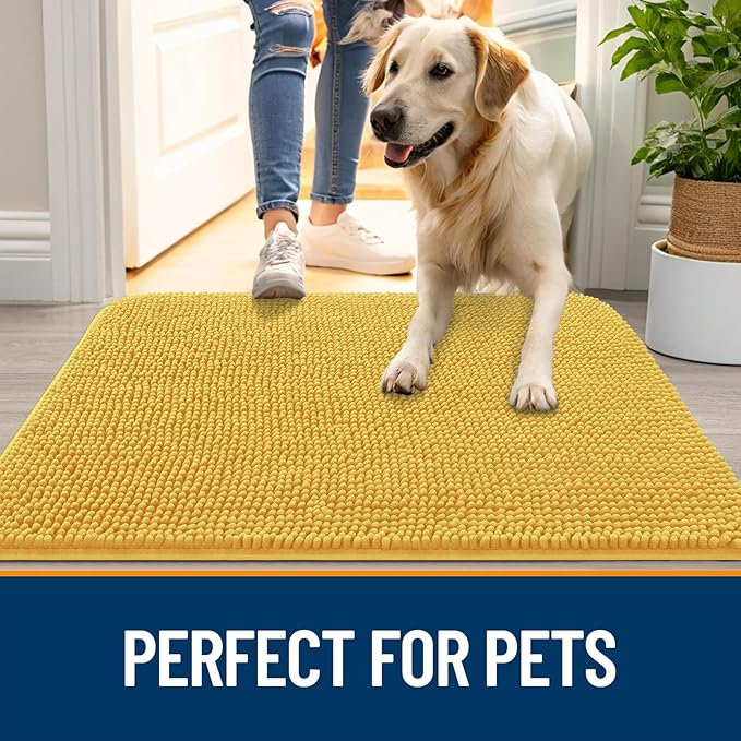 OLANLY Dog Door Mat for Muddy Paws 45x27, Absorbs Moisture and Dirt, Absorbent Non-Slip Washable Doormat, Quick Dry Chenille Mud Mat for Dogs, Entry Indoor Entryway Carpet for Inside Floor, Yellow