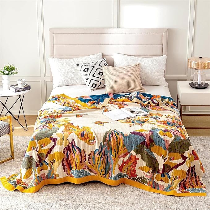 MSGKV 100% Cotton Throw Blanket for Bed Couch Fall 90''x 98'' Super Soft Muslin Blankets Warm Boho Quilt Lightweight Farmhouse Decorative Bed Blankets