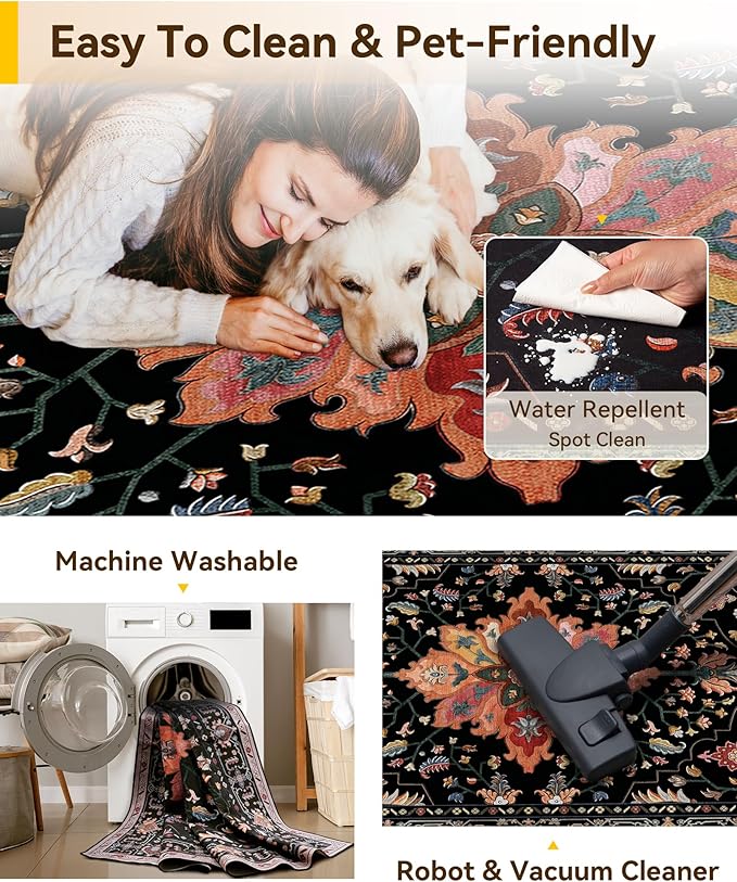 Area Rugs 2'6''x10' Runner Rug Non Slip Washable for Kitchen Hallway Bedroom Beside Laundry Room Bathroom Rug, Floor Carpet, Black Colorful Floral Dark Tan