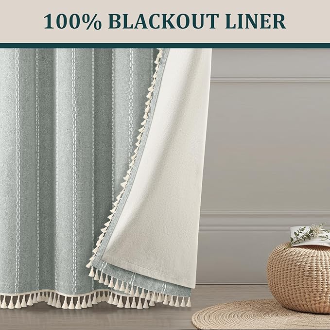 Teal Boho Blackout Curtains 72 Inches Long Light Green Linen Blend 2 Panels with Tassels and Cotton Embroidery, Farmhouse Vintage Rustic Rod Pocket Drapes for Living Room or Bedroom