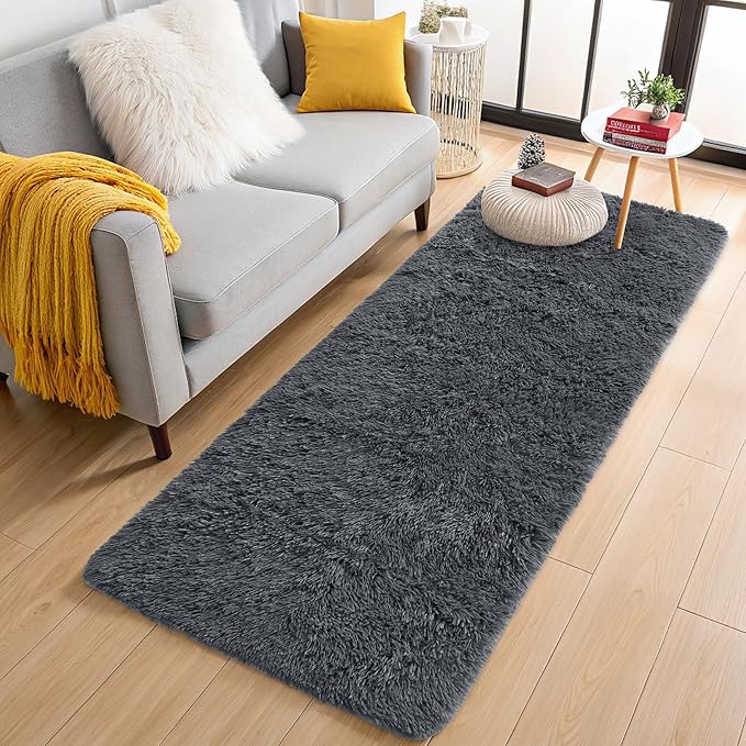 OLANLY 2x11 Machine Washable Runner Rugs for Hallway, Soft Fluffy Shaggy Bedside Rugs for Bedroom, Living Room, Indoor Floor Carpet for Kids Girls and Boys, Nursery Rooms, Home Decor Aesthetic, Grey