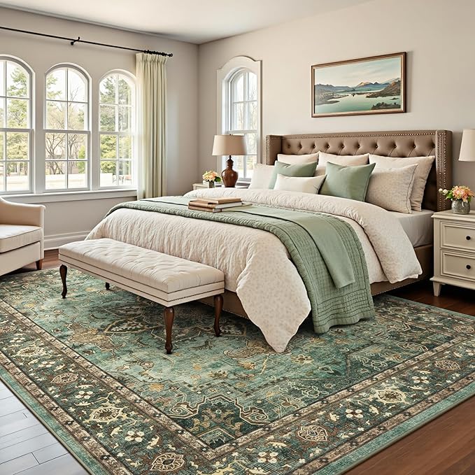 Lofus 6x9 Area Rugs for Living Room, Washable Area Rug, Rugs for Bedroom, Kitchen, Vintage Boho Carpet, Soft Non-Slip, Low Pile Large Area Rug for Office Dining Room, Green
